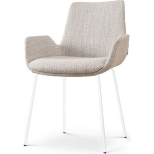 Nolon Nora-Eef Eetkamerstoel Beige Gemêleerd - met Armleuning - Stof - Wit Metalen Poten - Lage Armleuning - Modern - Design - Scandinavisch