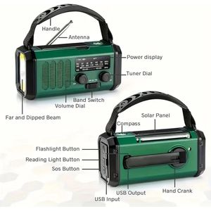 Noodradio, opladen via zonne-energie en USB, NOAA AM/FM weerbanden, 10000mAh polymeerbatterij, zaklamp, leeslamp, SOS-alarm, draagbare mobiele oplader met LED-display, niet-waterdicht, USB Type-C-aansluiting