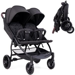 Dubbele kinderwagen naast elkaar, opvouwbare broer en zussenwagen met mand, dubbele buggy voor baby's van 0-3 jaar, rugleuning met 3 posities, belasting 15 + 15 kg (donkergrijs)