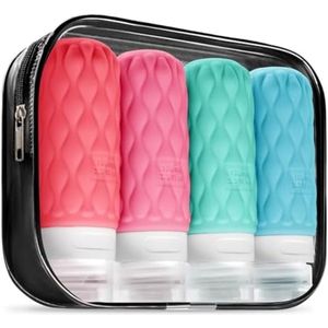 PromoHome 4-delige Siliconen Reisflessen Set 100ml - TSA Goedgekeurde Lekvrije Toiletartikelen Containers met Transparante Reis Tas en Etiketten voor Shampoo, Conditioner en Lotion