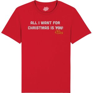 All i want for Christmas is beer - Foute Kersttrui Kerstcadeau - Dames / Heren / Unisex Kleding - Grappige Kerst Outfit - Glitter Look - T-Shirt - Unisex - Rood - Maat L