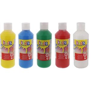 Kids Creative plakkaatverf - 5 X 250 ml Wit, Rood, Groen, Blauw, Geel - 98% Natuurlijke ingrediënten