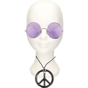 Hippie Flower Power verkleed set peace-teken ketting met ronde paarse XL glazen zonnebril