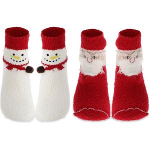 Kerstsokken voor dames - 2 paar pluizige warme slaapsokken van koraalvlies - rood wit - Eén maat