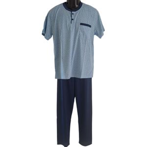 Uniseks Pyjama set Dames & Heren - 2 Delig - Kleur Lichtblauw/Marineblauw - Blokjes patroon - Maat XXL - Korte Mouwen - Lange Broek - Knopen - Cadeau - Kerst