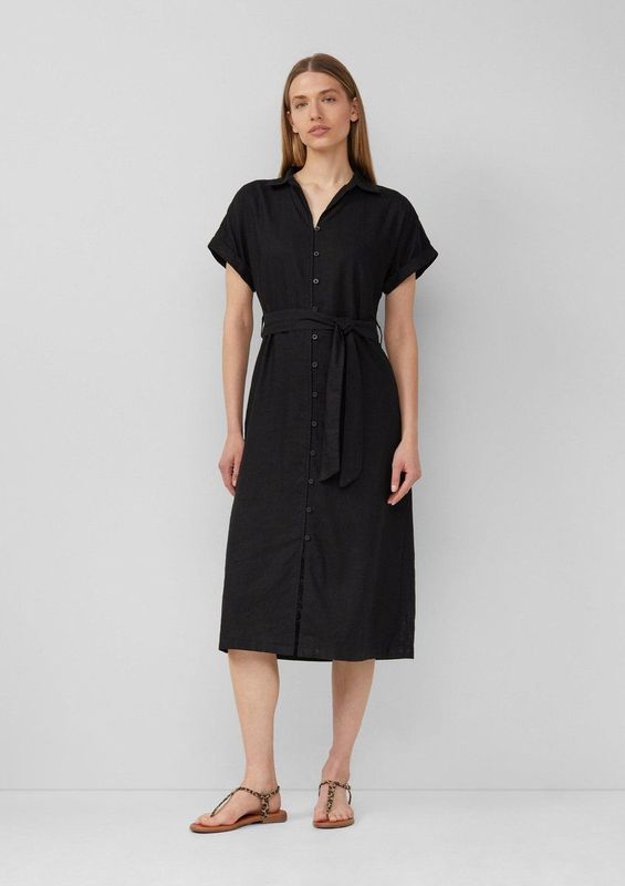 s.Oliver - Midi-jurk - Lichte Linnenmix - Met Overhemdkraag en Strikceintuur