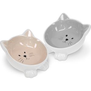 Navaris 2x voerbakjes voor katten - Voederbak en drinkbak kat van keramiek - Design in de vorm van een kattenkop in grijs/beige - Vaatwasserbestendig