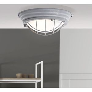 Industriële wand- en plafondlamp in vintage look - rustieke bootlamp met glazen paneel - grijs/beton - 29cm diameter