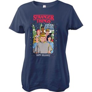 Stranger Things - Happy Holidays Dames Tshirt - S - Blauw