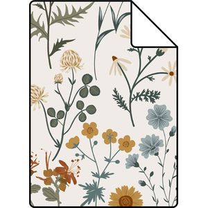 Proefstaal ESTAhome behang veldbloemen okergeel, vergrijsd groen en vintage blauw - 26,5 x 21 cm - 139391-S