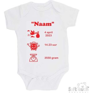 100% katoenen Romper met naam & geboortegegevens Unisex/Meisje/Jongen Katoen Wit/rood Maat 56/62