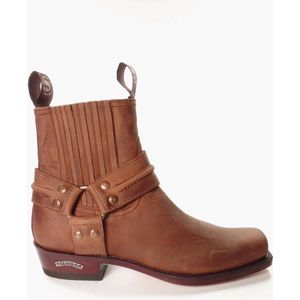 Sendra Boots 2746 Pete Bruin Handgemaakt Biker Western Enkellaars Vierkante Neus Platte Hak Sierspoor Lederen Zool Elastiek in Schacht Echt Leer Maat 41