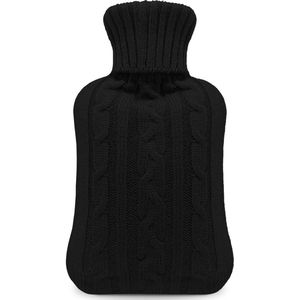 Gezellige warmwaterkruik met gebreide hoes - verlicht lichaamspijn en pijn - wasbaar veilig en duurzaam verwarmingskussen - ideaal voor gezellige nachten en geschenken - groot 2 l (zwart)