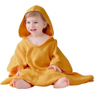 Badponcho voor kinderen, babyponcho badhanddoek, 100% katoen-mousseline, babyhanddoek met capuchon, super absorberende capuchonhanddoek voor baby's en kinderen, 64 x 60 cm (oranje)