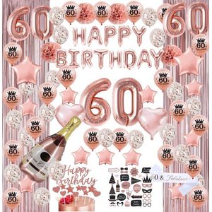 60 jaar verjaardag versiering - 60 Jaar Feest Verjaardag Versiering Set 118-delig  - Happy Birthday Slingers, Ballonnen, Foto props & Caketoppers - Decoratie Man Vrouw - Rose goud&Wit
