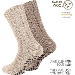 2 paar Noorse wollen sokken met antislip - Beige/Bruin 43-46