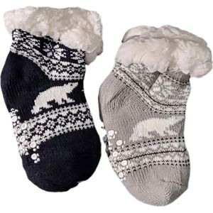 Baby - Huissokken - Antislip - Gevoerd - Set van 2 paar - Huissokken - Unisex - kinderen - Warme wintersokken - Kleur Donkerblauw/Lichtgrijs/Wit - Maat 12 t/m 24 maanden - Kerst - Cadeau