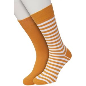 Bonnie Doon Sokken Set Gestreept en Effen voor Heren Oranje/Wit maat 40/46 - Set met 2 paar Sokken - Strepen - Katoen - Gladde Naden - Brede Boord - Perfecte Pasvorm - 2-pack - Multipack - Oranje - White - Soft Orange - OL0121012.356