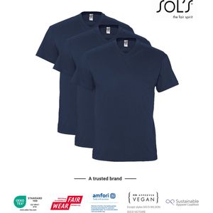 3 Pack SOLS V-hals, Heren T-Shirt 100% katoen V-hals, Donker Blauw, Maat S