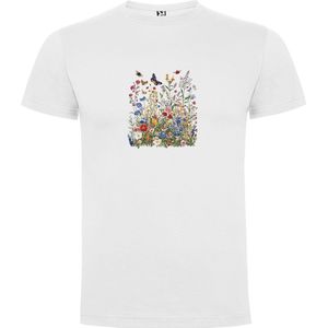 Wit T-Shirt met “Kleurrijke bloemen en vlinders - Voorjaar“ Print Full Color Maat S