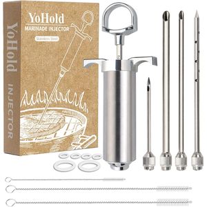 Marineerspuit, BBQ-braadspuit, vleesspuit met 4 marineernaalden voor rundvlees, kip, grill, marinade, BBQ, roken, 60 ml, e-book met recepten (PDF om te downloaden)