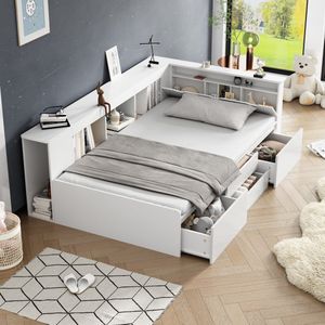Sweiko Kinderbed - 90*200 cm - Eenpersoonsbed - met 4 Laden + Boekenkast + Opbergruimte - zonder matras - Wit