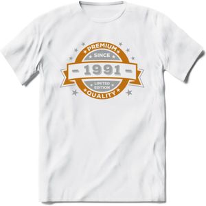 Premium Since 1991 T-Shirt | Goud - Zilver | Grappig Verjaardag Kleding Cadeau Shirt | Dames - Heren - Unisex Tshirt | - Wit - M