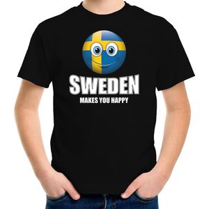 Sweden makes you happy landen t-shirt Zweden met emoticon - zwart - kinderen - Zweden landen shirt met Zweedse vlag - EK / WK / Olympische spelen outfit / kleding 122/128