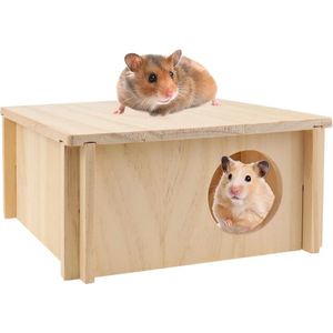 Houten hamsterhuis hamsterverstopplaats 20 x 20 x 9,5 cm hamsterhoekhuis caviahuis houten hamsterhuis met afneembaar dak voor dwerghamsters gerbils degus stekels kleine huisdieren