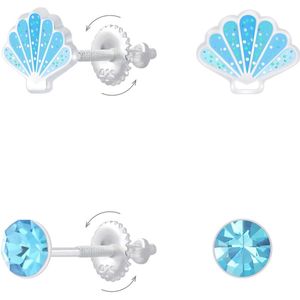 Joy|S - Zilveren oorbellen - set 2 paar - schelp oorbellen en oorknopjes - blauw - screw back sluiting