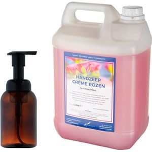 Zeepdispenser 300 ml amber bruin hervulbaar + 5 liter Handzeep Crème Rozen navulling