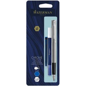 Waterman Allure vulpen | Verchroomde afwerking en details | Fijne roestvrijstalen penpunt | Blauwe inkt | Met inktwisser