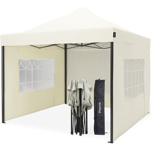 LifeGoods Partytent - 3x3 m - Zijwanden - Easy Up - Paviljoen - Opvouwbaar - Waterdicht - Draagtas met Wieltjes - Beige
