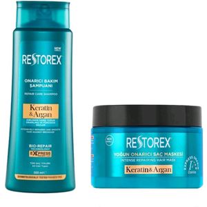 Restorex Keratine & Argan Haarverzorging set - 1 x Keratine & Argan Haarmasker 300ml - 1x Keratine & Argan Shampoo 500ml - Intensief Herstellend Haarmasker - Keratine & Argan - Versleten en beschadigd Haar - Botox-Effect - Haarverzorging