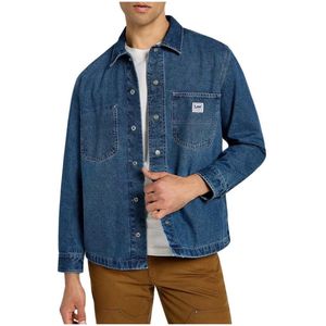 Cotton Long-Sleeve Button-Up Shirt with Visible Logo - Blue