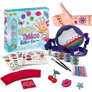 Joya Creative XXL Glitter Tattoo Set - Glitter Tattoos - 7 glitterkleuren - 36 sjablonen - Plak tattoos voor Kinderen - Kinderfeestje - Verkleedfeestje