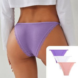 3 Pack - Sexy Dames Slip - Paars, Roze en Wit - Dunne Tailleband - Onderbroek 95% Katoen - Dames Lingerie / Ondergoed Set - Maat L