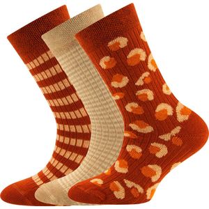 3-Pack Kindersokken Ewers met Ribpatroon - Set van 3 paar- Oranjebruin met Beige Vlekmotief en Streepjes-27/30