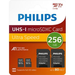 Philips FM25MP45B 2-Pack Geheugenkaart - Micro SDXC Kaart - 256 GB - Class 10 UHS-I U1 - Inclusief SD Adapter -