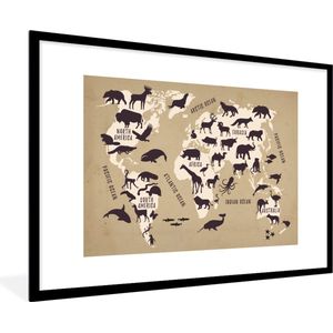 Fotolijst incl. Poster - Wereldkaart - Dieren - Wereld - 90x60 cm - Posterlijst