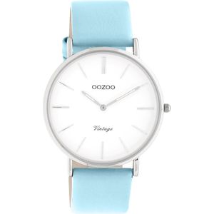OOZOO Vintage series - Zilveren horloge met licht blauwe leren band - C20216