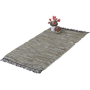Relaxdays vloerkleed - leder en katoen - tapijt - antislip - chill mat - lappen - franjes - Groen, 70 x 140 cm
