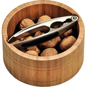 FSC® Bamboe Schaal met Notenkraker - Rond - Nutcracker - Notenkrakers metaal met Bamboe ronde noten schaal - 17 x17 x 8 Cm