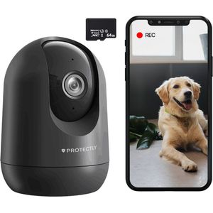 Protectly® Beveiligingscamera binnen - Huisdiercamera met app - Petcam - Hondencamera - Met WiFi APP - 2K 3MP Ultra HD - Volgt beweging en geluidsdetectie - Indoor Camera - Incl. 64GB SD - 2.4/5 GHz - Zwart