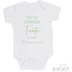 100% katoenen Romper """"Pop"" de champagne Tante is jouw nieuwe naam!"" Unisex Katoen Wit/sage green (saliegroen) 68/74