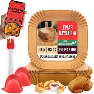 Luchtfriteuse papier 300 stuks 20-24 cm - Antiaanbakpapier voor friteuses - met handschoenen en receptenboek