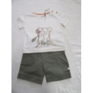 noukie's , kledingset , jongen, tshirt ecru , short kaki , 12 maand 80
