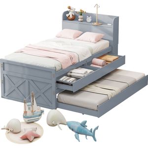 Merax Eenpersoonsbed met Extra Uitschuifbaar Bed - 90x190 - Kinderbed met Opbergruimte - Grijs
