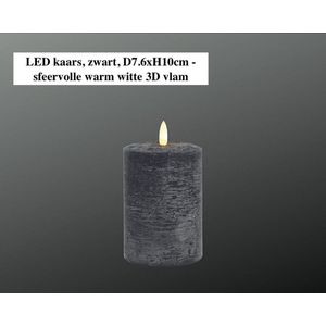 LED kaars, zwart, D7.6xH10cm - sfeervolle warm witte 3D vlam