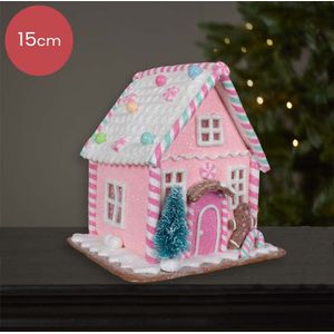 Roze Peperkoekhuisje versierd met sneeuw en snoepgoed - 15cm
